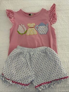 Banana Split Girls' Tea Party Applique Pajama Set with Blue Polka Dot Shorts